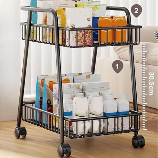 ´¢Îï³µ 2-Tier Snack Storage Cart - Simple Wrought Iron Rolling Organizer with Wheels for Living Room, Bedroom, Kitchen, Movable Snack Rack, Space Saving Design-hrMKCUL0