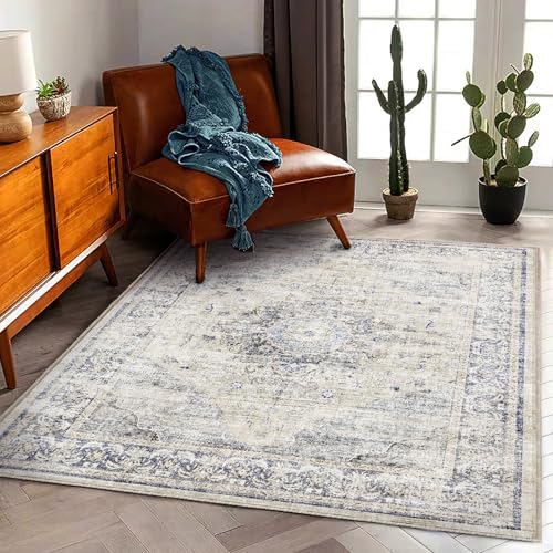 CHAMPLANT Washable Area Rug 4'x6' Floral Blue Traditional Floor Cover Foldable Thin Rugs Retro Kitchen Indoor Distressed Non Slip Carpet Floral Print Mat Bedroom Living Room
