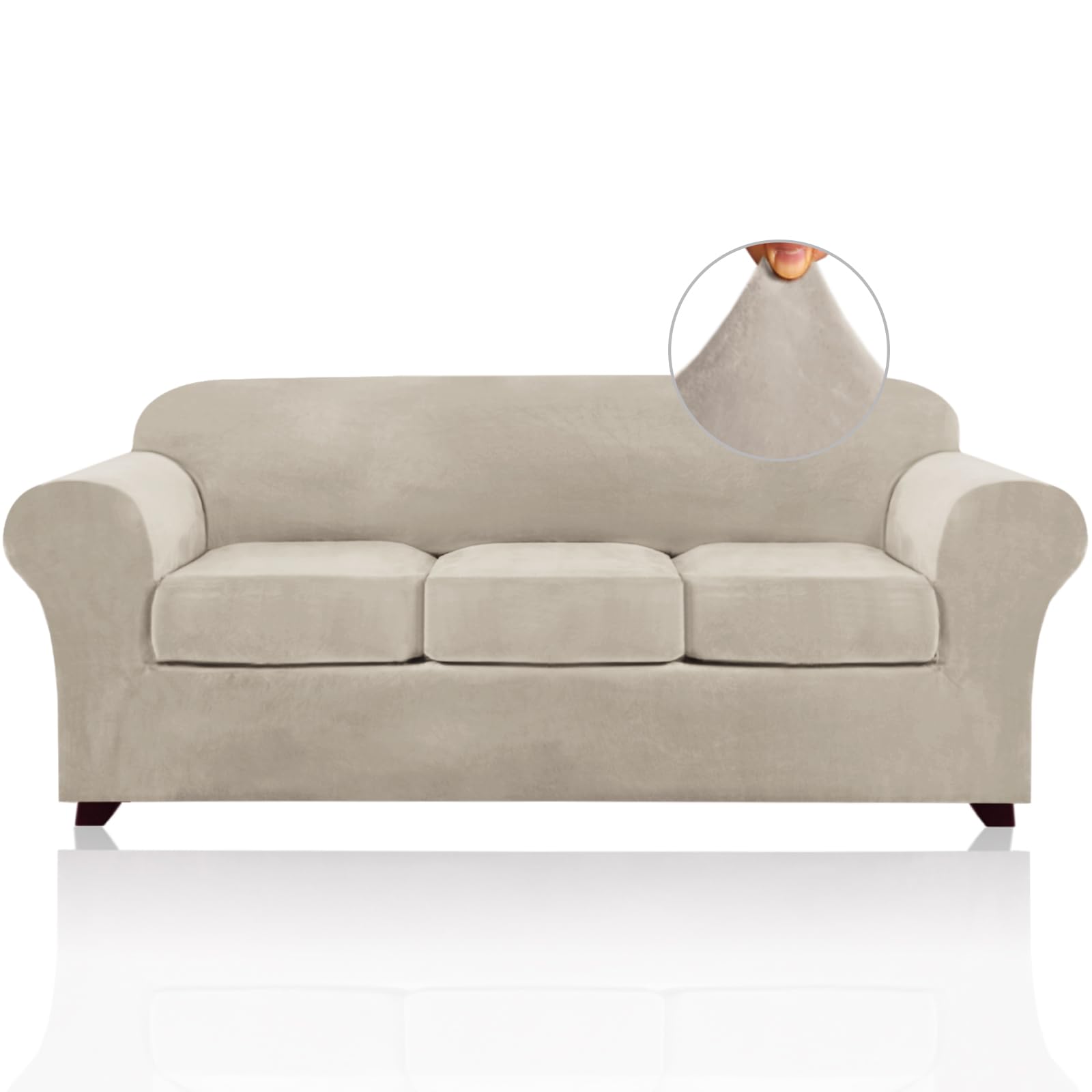 PrinceDeco Velvet Couch Covers for Sofa Soft 4 Pieces Couch Covers for 3 Cushion Couch Sofa Pet Friendly Furniture Protector with Non Slip Elastic Bottom Width Up to 90 Inch (Large, French Oak)