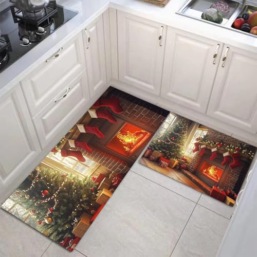 Alfombras de cocina marrones y absorbentes con diseño de chimenea navideña 2
