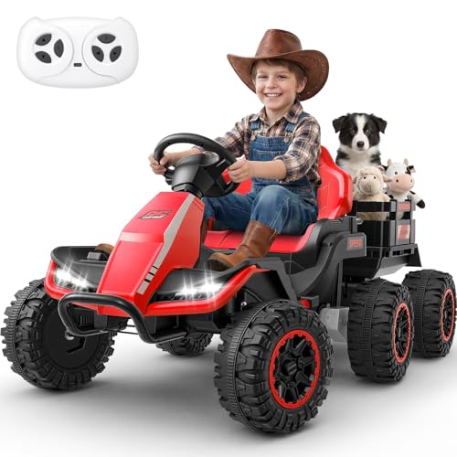 Image of Hikole 24V Ride on Toys Tractor for Kids 3+ w /Trailer, Electric Car, Red