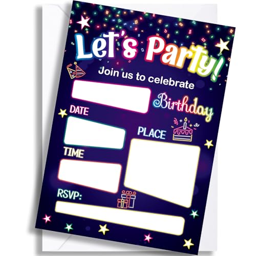 WorldBazaar Neon Birthday Invitations With Envelopes 20 Pack Let's Glow Theme Kids Birthday Party Invitation For Boys Girls Birthday Party Supplies