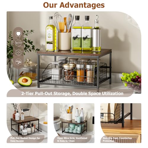 KLM Pull Out Spice Rack Organizer for Cabinet,Rustic Wood Top with Wire Basket Storage,Kitchen Countertop Organizer and Storage for Pantry, Counter top,Coffee Station Wood. (Brown) - Image 5