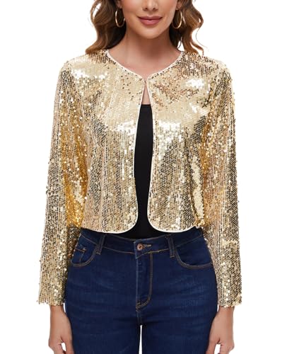 Image of MINTLIMIT Women's Sequin Jacket Long Sleeve Open Front Sparkly Shrugs Glitter Cropped Bolero Cardigans