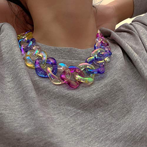 Xerling Colorful Rainbow Acrylic Link Chain Necklace Punk Chunky Boho Iridescent Necklace for Women Teen Girls Multi-Colored Curb Chain Choker for Party Modern Necklace4
