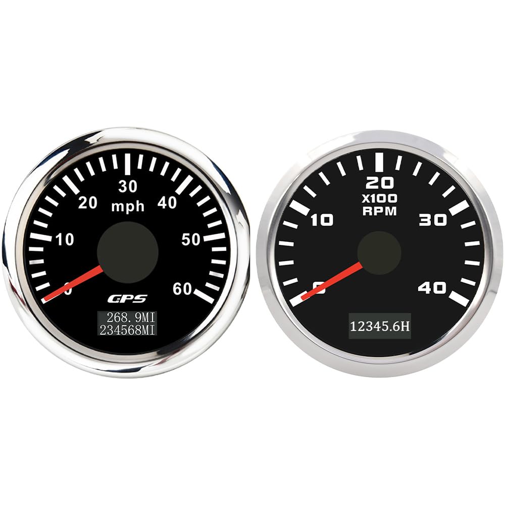 ELING Velocímetro GPS de 52 mm 0 – 60 MPH con 4000 rpm tacómetro velocímetro con contador de horas de funcionamiento retroiluminado 12 V 24 V para excavadora de barcos