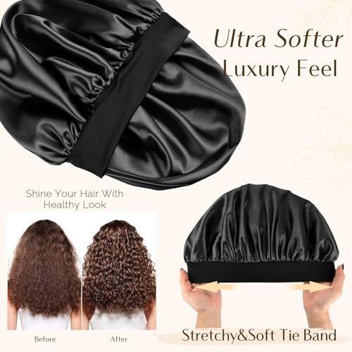 Image of Silk Bonnet for Hair with 3 Scrunchies, Adjustable Hair Cap for Sleeping, Bonnet for Curly Hair with Wide Elastic Tie Band