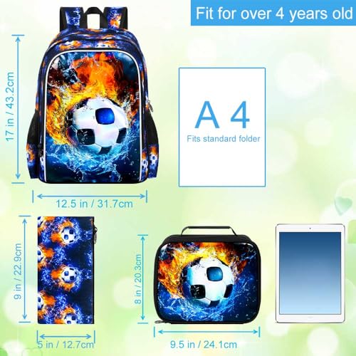 Image of 17 inch Soccer Backpack for Boy, 3Pcs Football School Backpacks with Lunch Box, Kids Bookbag for Elementary Preschool Kindergarten(Blue)
