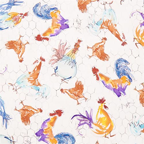 Tela animales de granja Quilting Treasures USA en algodón blanco con gallos pollos azul violeta amarillo naranja Cover