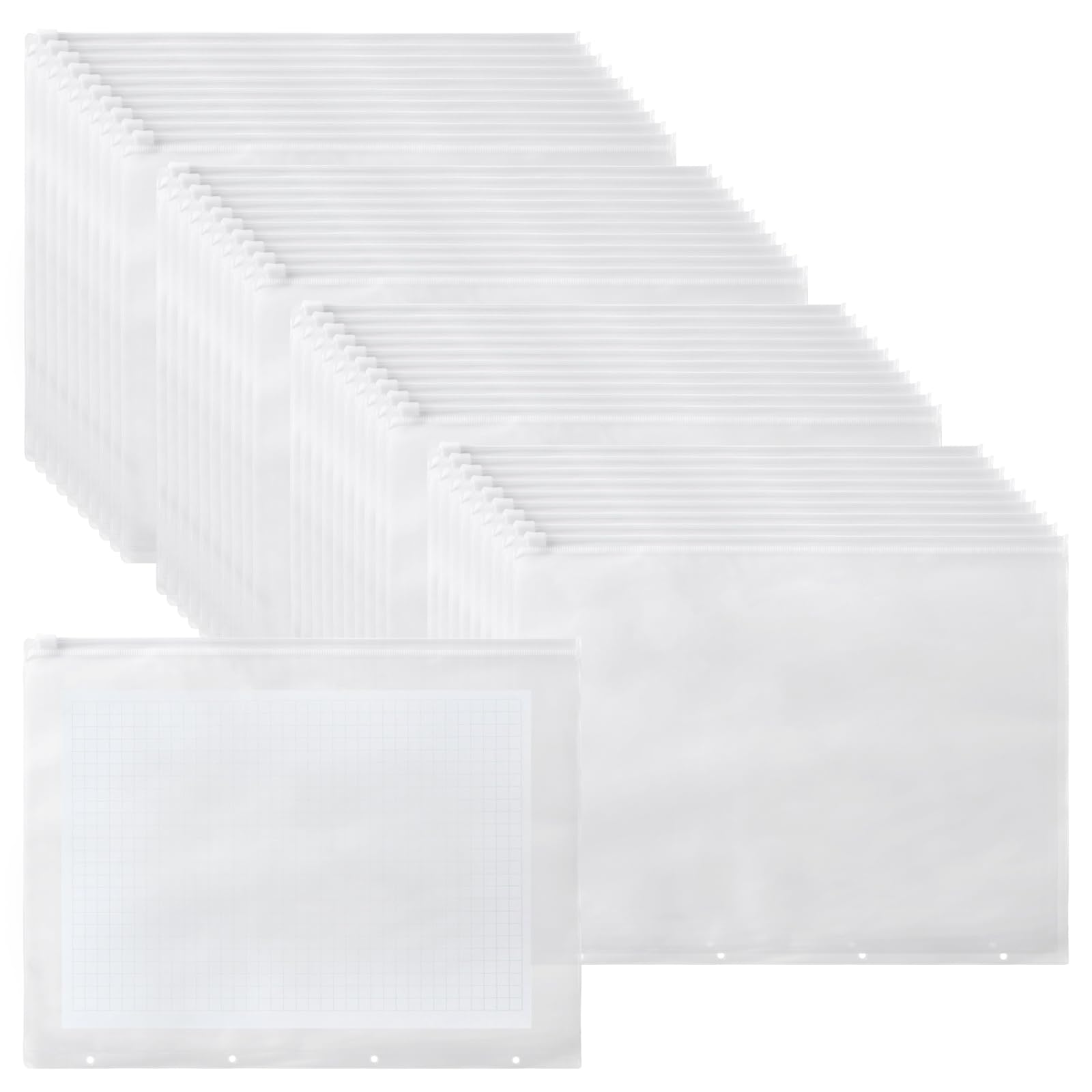 Lot de 40 Pièces Pochette Porte Document A4 Perforee, Semi Transparentes Classeur Pochette Zippée Classeur, avec 4 Trous de Reliure Organiser pour Documents