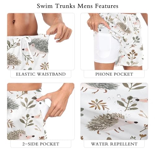 Hedgehog and Leaves Men's Swim Trunks with Liner Quick Dry Beach Shorts Swimwear Bathing Suit S-XXL2