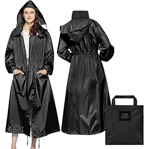 LAMA Stijlvolle lange regenjas, uniseks, volwassenen, regenponcho met waterdichte zak met klep, capuchon, trekkoord, regenkleding, regencape, regenjas, dames en heren., zwart, L
