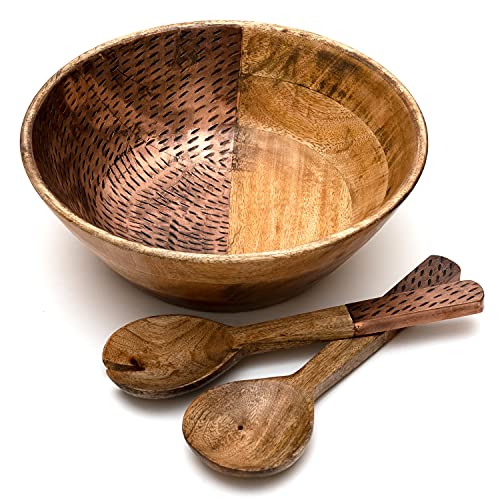 Wooden Salad Bowl Set With Servers (11" X 4.5"). Salad Mixing Bowl Set a perfect Gifts. Large Wood Salad Bowl for Kitchen DÃ©cor. Big Wooden Bowl set with serving utensils. Wood Salad Bowl for food