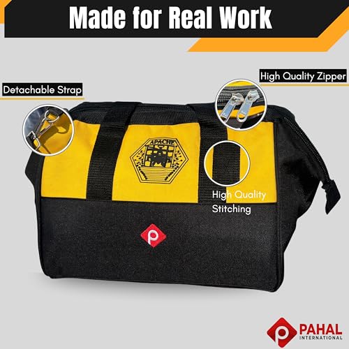 Image of PAHAL APACHE 12 Inch Tool Bag - Multipurpose Nylon Water-Resistant Tool Storage Organizer for Electricians, Plumbers, Technicians & Mechanics, Durable Portable Tool Carry Bag, Yellow Black