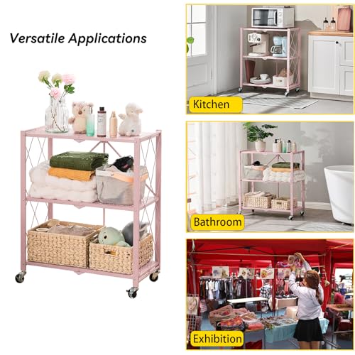 Image of BRIAN & DANY 3-Tier Foldable Storage Shelves with Wheels, No Assembly Folding Shelf Metal Rack, Shelving Unit for Kitchen, Garage, Pink