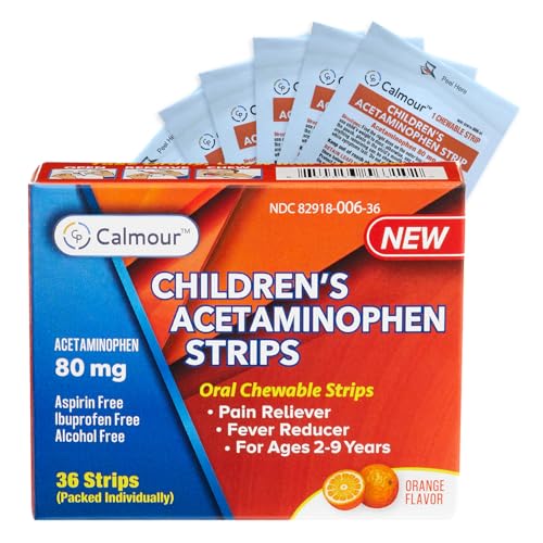 CALMOUR Childrens Acetaminophen 36 Strips | Pain Reliever & Fever Reducer | Fast-Acting Support for Cold & Flu Symptoms | Oral Chewable Strips for Kids Ages 2-9 | Travel Size Orange Flavor