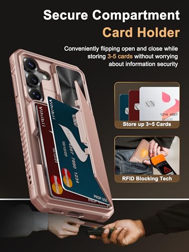 Image of Vihibii for Samsung Galaxy S25 Case with Card Holder (4 Cards) [RFID Blocking] & Slide Camera Cover, Military Grade Drop Protection, Rugged Back & Silicone Edge Wallet Case, 6.2 inch 2025, Rose Gold