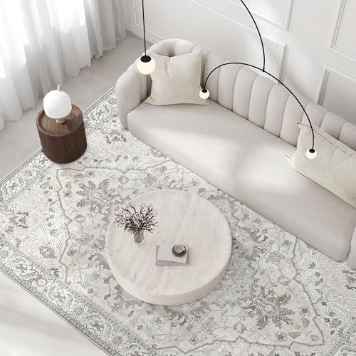 Deerly Vintage Area Rug 5x7 Boho Washable Large Living Room Bedroom Rugs Non Slip Low Pile 5x7 Rug for Kitchen Entryway Bedroom Dining Room Office, Beige/Multi