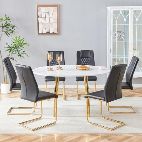 Image of Extendable Round Dining Table Set for 6, 42-54 inch Expandable Dining Table with 6 Upholstered Chairs, Engineered Wood Top, Space-Saving Round Kitchen & Dining Room Table Set(1 Table + 6 Black Chairs)