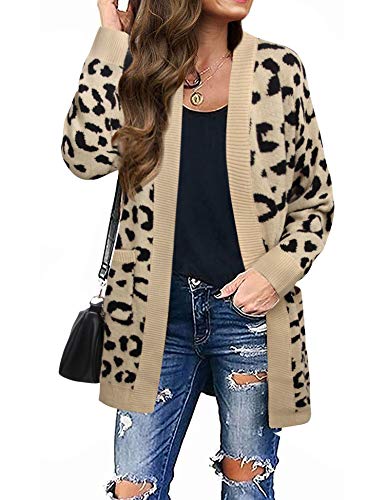 Bebonnie Ladies Cardigans, Women's Winter Warm Thick Long Sleeves Open Front Knitted Sweater Pullover Cardigan Coat Outwear with Pockets Leopard M