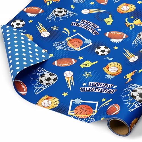 WERNNSAI Sport Ball Wrapping Paper Boy - 16.4 ft Happy Bday Wrapping Paper