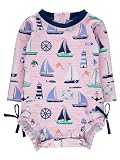 RuffleButts Baby Girls UPF 50+ Sun Protection Novelty Print Long Sleeve One Piece Rash Guard Swimsuit with Zipper - Pink Sweet Sails, 18-24m