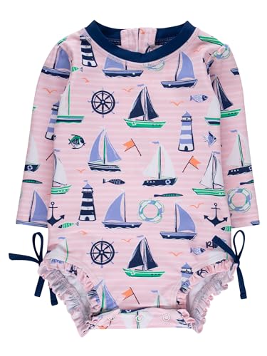 RuffleButts Baby Girls UPF 50+ Sun Protection Novelty Print Long Sleeve One Piece Rash Guard Swimsuit with Zipper - Pink Sweet Sails, 12-18m