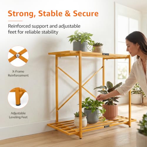 Image of Amazon Basics Heavy Duty 2-Tier Plant Stand | Rust-Resistant Powder Coated Finish | Multipurpose Shelves | Reinforced X-Frame Stability | Indoor & Outdoor Use | Balcony, Garden & Living Room | Beige