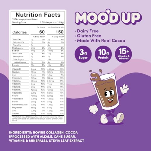 Image of Moo'd Up Chocolate Milk & Hot Chocolate Mix (15 Servings) - Low Sugar, Dairy-Free, 10g Protein, 15 Vitamins & Minerals, Gluten Free, Enjoy as Hot Cocoa