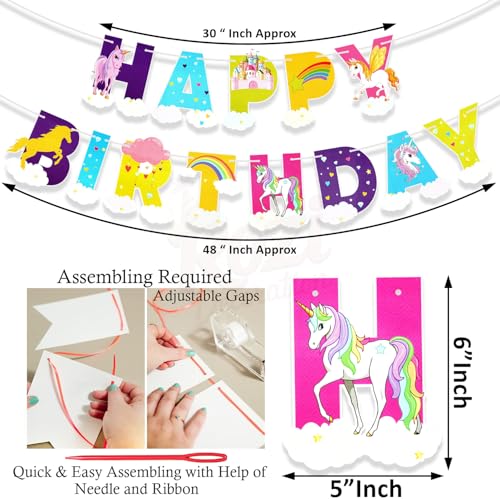Image of Rozi Decoration Unicorn Theme Birthday Kit | 50-Piece Set with Pastel Balloons, Unicorn Cutouts & Happy Birthday Banner | Magical Party Decor for Girls