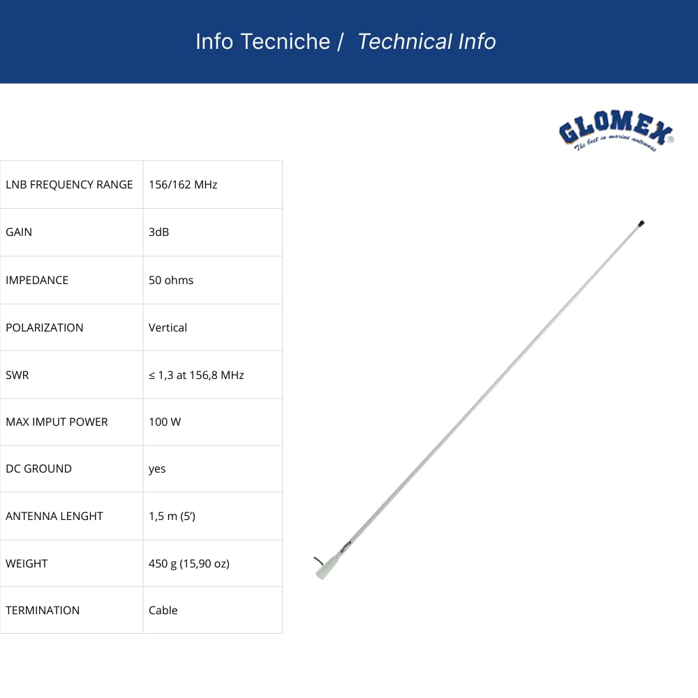 Glomex Antena VHF RA112 1,5 m 3 dB Fibra de Vidrio para Barcos a Motor