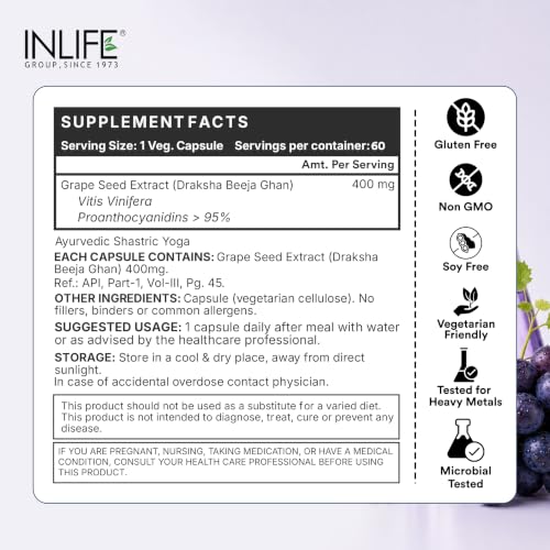 Image of INLIFE Grape Seed Extract Supplement 400mg, 95% OPC, 60 Veg Caps