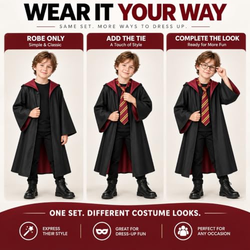 Wizard Costume Set for Kids 8-12, Black Robe & Accessories for Halloween - image 6