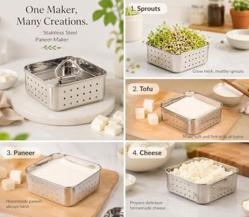 Image of Paneer Maker Steel 500ml | Stainless Steel Paneer Maker Mould Press with Lid | Square Paneer Making Box | Tofu Press Mould Maker | Home Made Steel paneer Making Container for Kitchen Use
