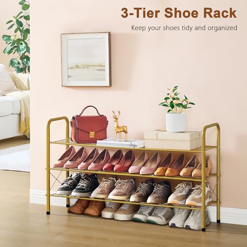 Image of Hoctieon 3 Tier Mesh Style Shoe Rack, Entryway Shoe Shelf, Shoe Storage Organizer, Shoe Rack for Closet, Space Save for Bathroom, Garage, Hallway, Bedroom, Living Room, Gold