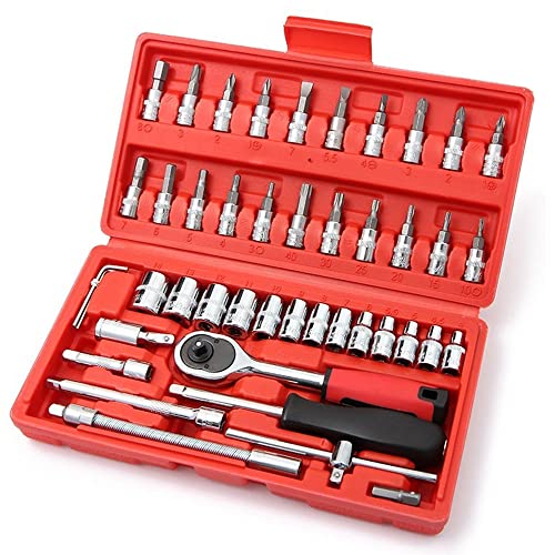 LSLANSOON 46 Pcs 1/4 Drive Socket Ratchet Wrench Set with Storage Case Includes Metric Bit Socket Set and Extension Bar for Auto Repair and Home Maintenance