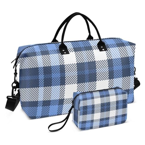 Bolaz Duffle Bag for Travel-Navy Blue Plaid Check，Weekender Overnight Bag with Wet Pocket for Women，Large Carry On Airport Bag with Toiletry Bag for Travel, Business Trips, Sports
