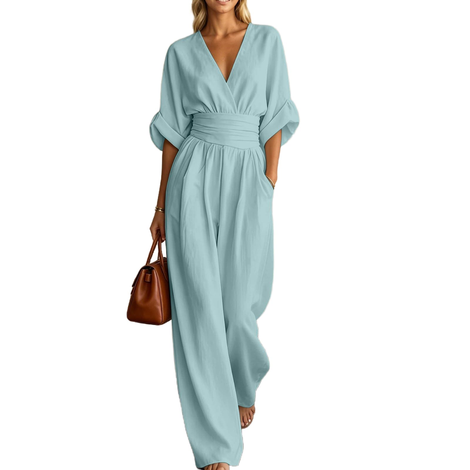 Générique Combinaison Femme Chic Élégante Col V Jambes Larges avec Poches Jumpsuit Manches 3/4 Souris Fluide Combinaison Pantalon pour Travail Bureau Soirée Mariage