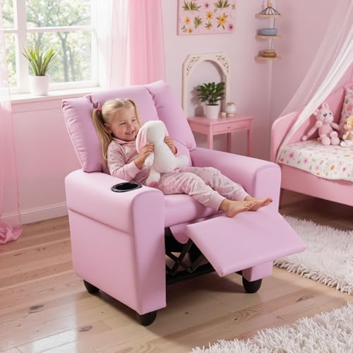 Image of GLACER Kids Recliner with Cup Holder, PU Leather Toddler Lounge Chair(Pink) | Baby Recliner w /Adjustable Backrest & Footrest, Spring Seat Cushion, Push Back Toddler Sofa for Ages 3+, Supports 150 lbs