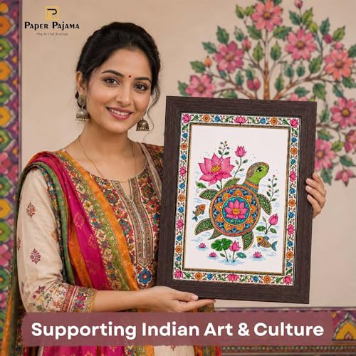 Image of PAPER PAJAMA Madhubani Turtle Wall Art for Living Room | Lotus & Sea Turtle Folk Art Painting | Traditional Mithila Framed Decor for Home, Office & Bedroom (10x13 Inches)