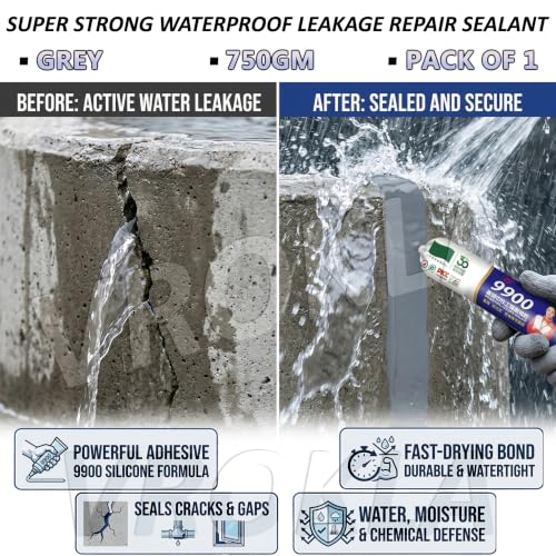 Image of Grey Silicone Sealant Waterproof Super Strong 9900 Water Sealant Fast Drying Leakage Repair Adhesive Durable Weatherproof Silicone Glue Paste for Roof Concrete Water Tank Metal Plastic (750g)