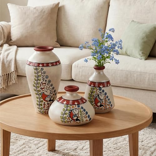 Image of Aakriti Art Creations Vase Earthen Miniatures Silver Madhubani Set of 3 | Hand-Painted Terracotta Flower Vases | Matte Finish Decorative Vases for Living Room, Table Decor & Gifting