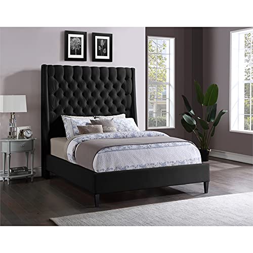 Meridian Furniture Fritz Collection Velvet Upholstered Bed with Wing Back Headboard and Brass Nailhead Trim, Queen, Black