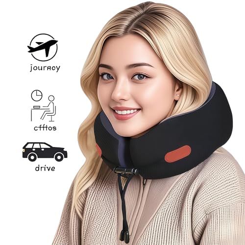Image of Travel Pillow, Memory Foam Neck Pillow for Airplanes, Includes Eye Mask & Ear Plugs, Ergonomic Design, 360 Support Stowable Pillows for Plane, Car, Train and Home, Black