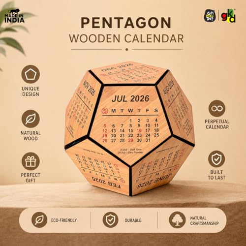 Image of GKD Wooden Pentagon Perpetual Calendar 2026 for Office Desk | 6 Inch Wooden Desk Calendar | Office Table Decor, Executive Desk Accessory, Corporate Gift