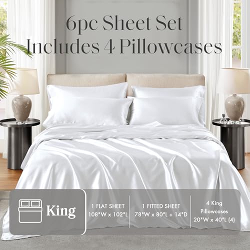 Image of Madison Park Essentials Satin Sheets King Size Bed Set, 6 Piece, White | Luxury and Smooth Silky Bedding with Natural Sheen, All Around Elastic 14 inch Pocket fits up to 16 inch Mattress, Year-Round Cozy