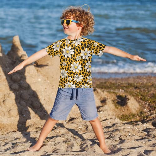 ALAZA Kids Rash Guard Girls Toddler Swim Shirts Short Sleeve Leopard Print Flower UPF 50+ 3T4