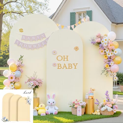Arch Backdrop Cover Set of 3 - Spandex Arch Covers 7.2FT 6.6FT 6FT Stretchy Fabric Backdrop for Wedding Ceremony, Bridal Baby Shower, Birthday Party, Photo Booth Background Decor(Ivory and Champagne)