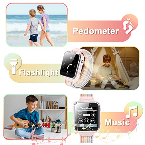 Pthtechus Kids Game Smart Watch For Boys And Girls,Smartwatch With 24 Puzzle Games Nylon Strap Dual Cameras Touch Screen Music Player Pedometer Multi-Function For 4-12 Years Children Gifts-Pink #TOP3