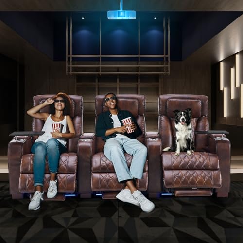 Image of Luxury Home Theater Seating - Power Recliner with Adjustable Headrests, Blue LED Ambient Lighting, Tray Table, USB & Type-C Charging (Light Brown,4 Seat)